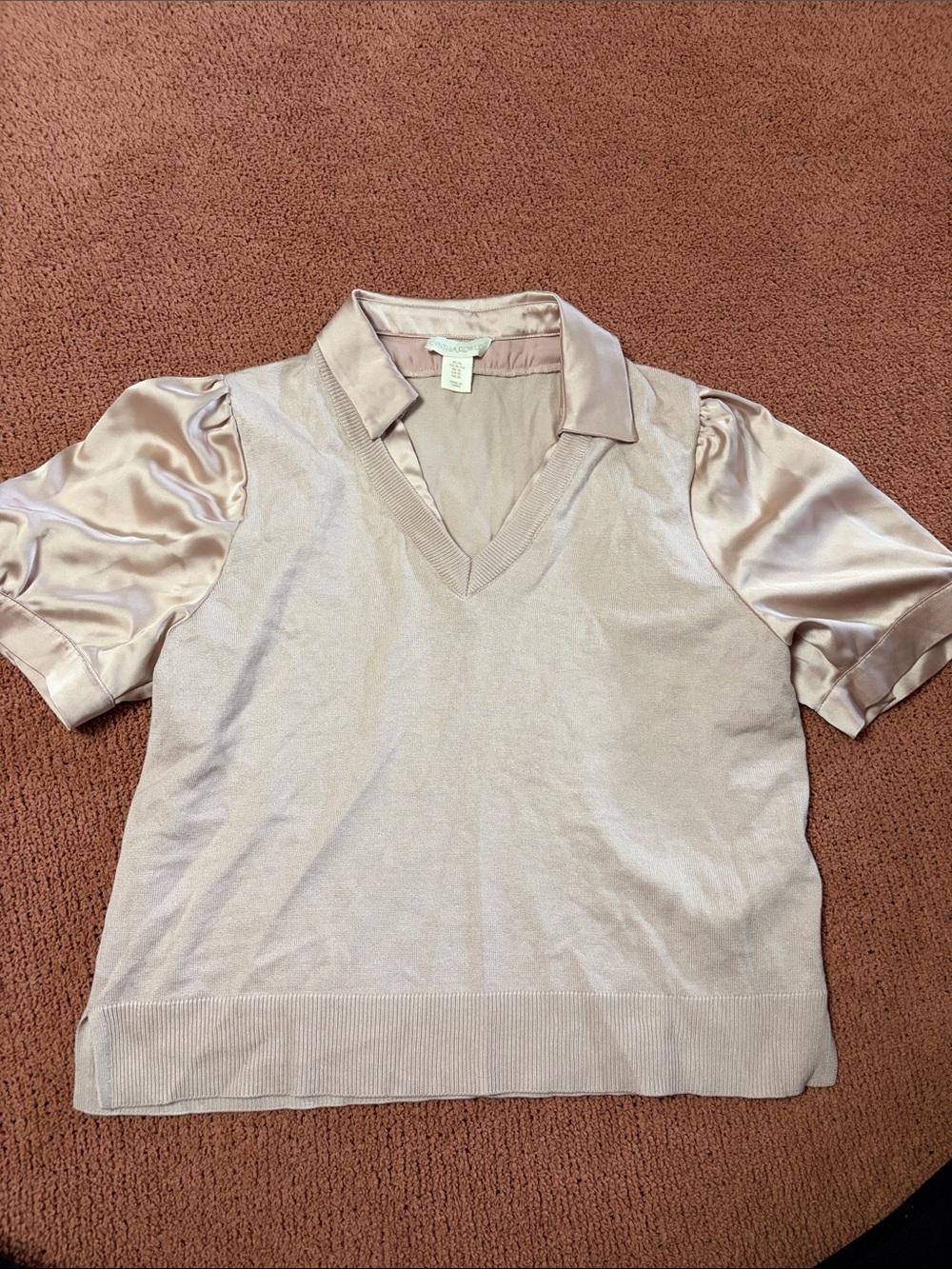 Cynthia Rowley Satin Puff-Sleeve Polo Top in Blush